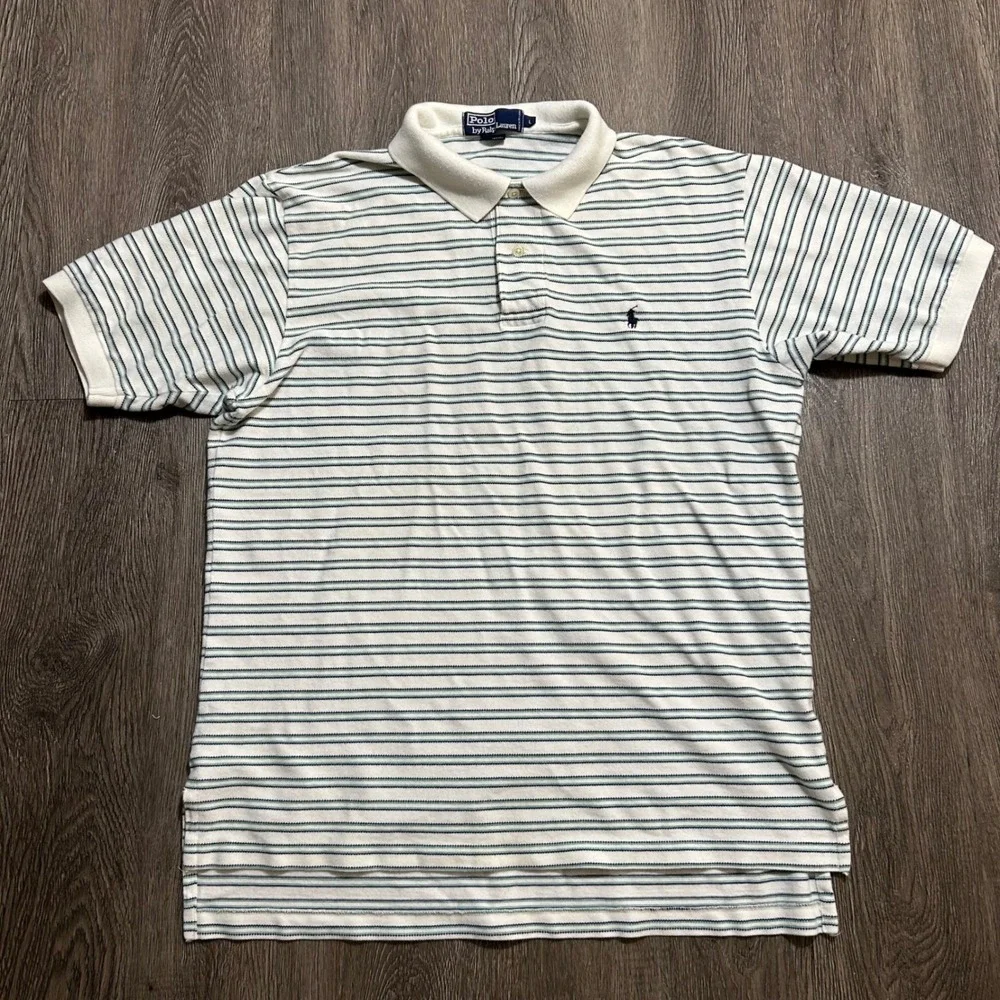 Polo Ralph Lauren Polo Shirt Large White Green Striped Short Sleeve Pique Cotton